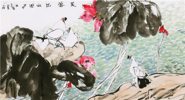 >江文湛荷花 我院院士江文湛先生从艺五十周年花鸟画作品巡回展西安展开幕