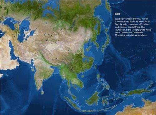 海平面上升66米世界地图 中国几近淹没