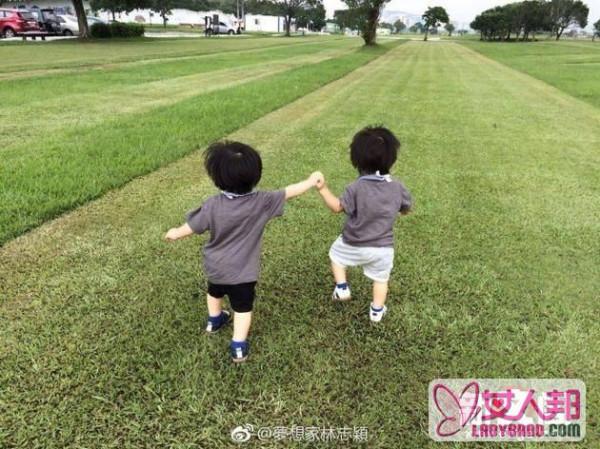 林志颖双胞胎儿子草坪欢跳 哥哥弟弟傻傻分不清 超有爱