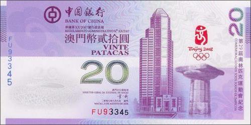 >北京2008年奥运会纪念币、纪念钞典藏(澳门币20元)