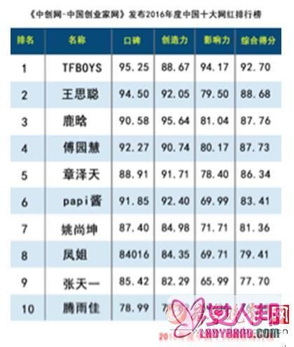 2016年中国十大网红排行榜 TFBOYS组合夺冠王思聪位列第二鹿晗第四