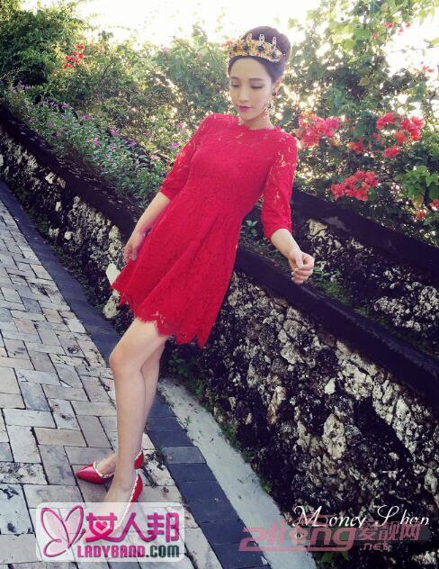 春季韩版蕾丝连衣裙 红色系最优雅女人
