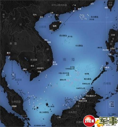 南海卫星地图 南海礁盘造岛 中国南海被占岛屿地图