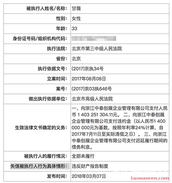 贾跃亭妻子甘薇被列入老赖名单 涉案金额14亿元
