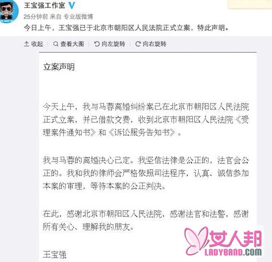 王宝强起诉离婚再发声明 马蓉出轨事件3P视频被疯传