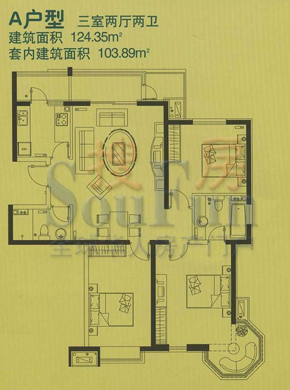 >5万装修124㎡三室两厅两卫 爽