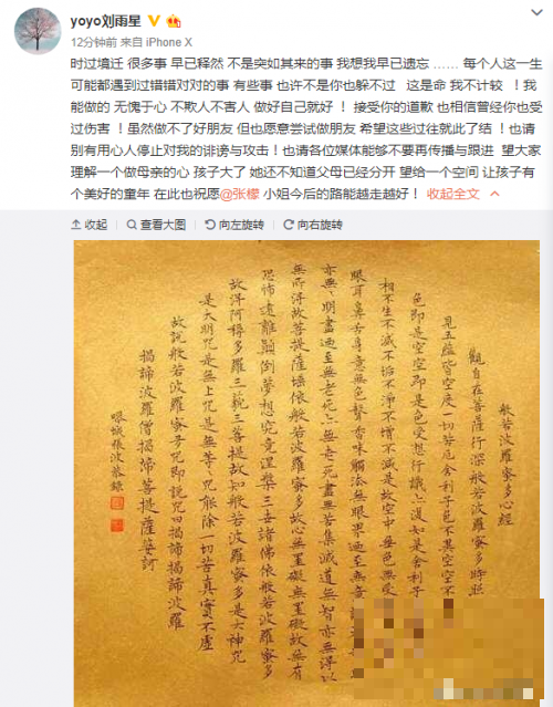刘雨欣回应张檬道歉全文晒手写心经：早已释然 接受道歉
