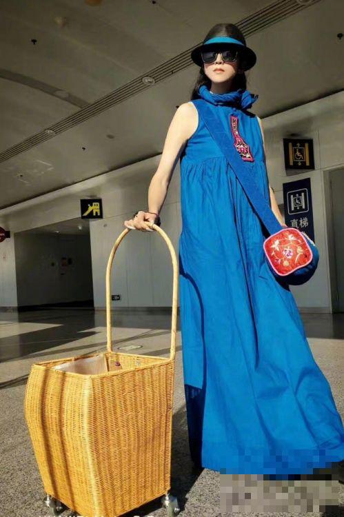 杨丽萍机场带菜篮子行李箱出行 风格与众不同获关注