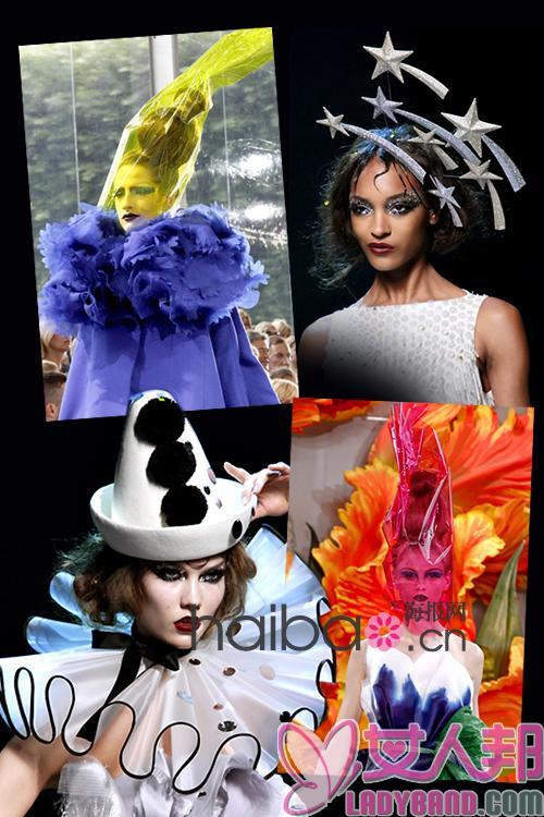 帽子设计师斯黛芬·琼斯(Stephen Jones)为迪奥(Dior)高级定制大秀打造的两季帽饰作品比一比：建筑几何图形PK彩色花束，你更喜欢哪种？