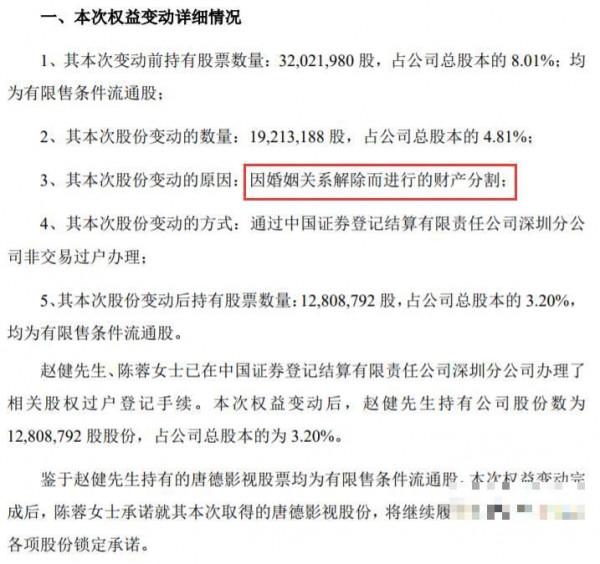>A股再现天价离婚：赵薇嫂子分走唐德影视5.2亿的股票