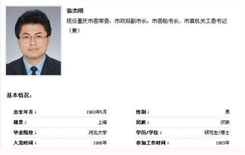 翁杰明简历 翁杰明被任命为重庆市人民政府副市长(简历)