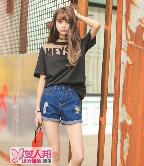韩版女式高腰卷边牛仔热裤