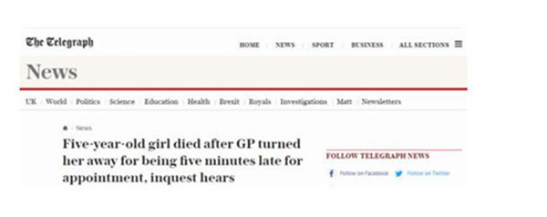 英国5岁女童迟到10分钟遭医生拒诊 最终夭折