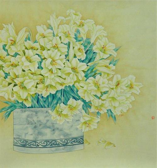 中美协会员朱岩工笔画 中国美协会员 吴冬梅工笔画《静物花卉盆景》