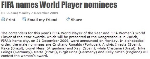 梅西C罗入围2009世界足球先生候选人名单【图】