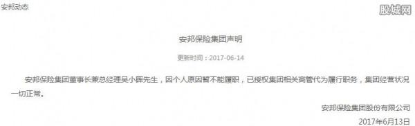 >安邦保险集团 安邦保险发声明 董事长吴小晖被有关部门带走