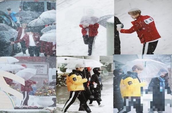 鹿晗穿红衣在雪地撑伞跑男录制现场 完美侧颜宛如雪城中的王子！